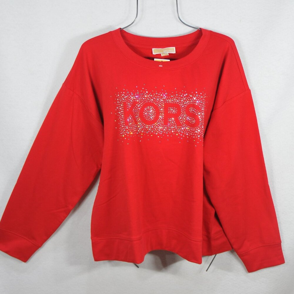 MICHAEL KORS Women's L Sparkling Crystal Logo Cotton Sweatshirt Crimson Red NWT